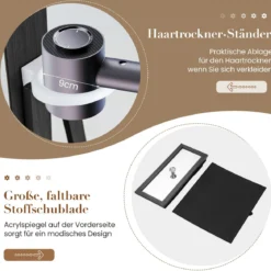 Um 360° drehbarer Schmuckschrank mit Ganzkörperspiegel abschließbarer Schmuckständer mit Haartrocknerständer Schwarz
