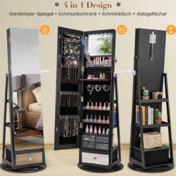 Um 360° drehbarer Schmuckschrank mit Ganzkörperspiegel abschließbarer Schmuckständer mit Haartrocknerständer Schwarz