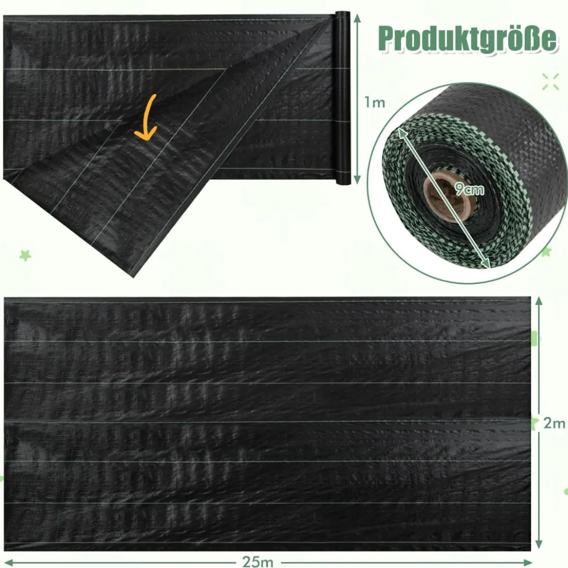 Unkrautvlies 50m² Gartenvlies gegen Unkraut Unkrautfolie PP Schwarz 25 x 2m-60 g/m²