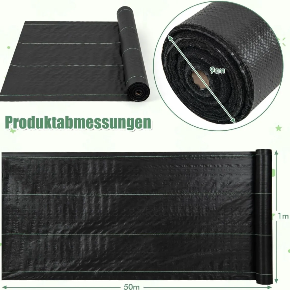Unkrautvlies 50m² Gartenvlies gegen Unkraut Unkrautfolie PP Schwarz 50 x 1m-100 g/m²