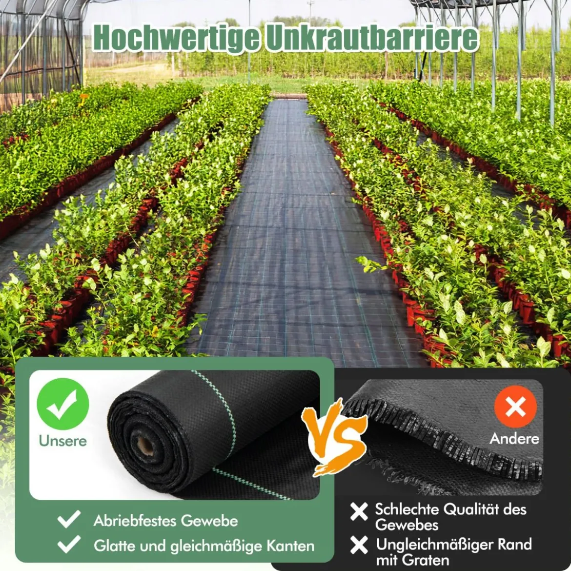 Unkrautvlies 50m² Gartenvlies gegen Unkraut Unkrautfolie PP Schwarz 50 x 1m-100 g/m²