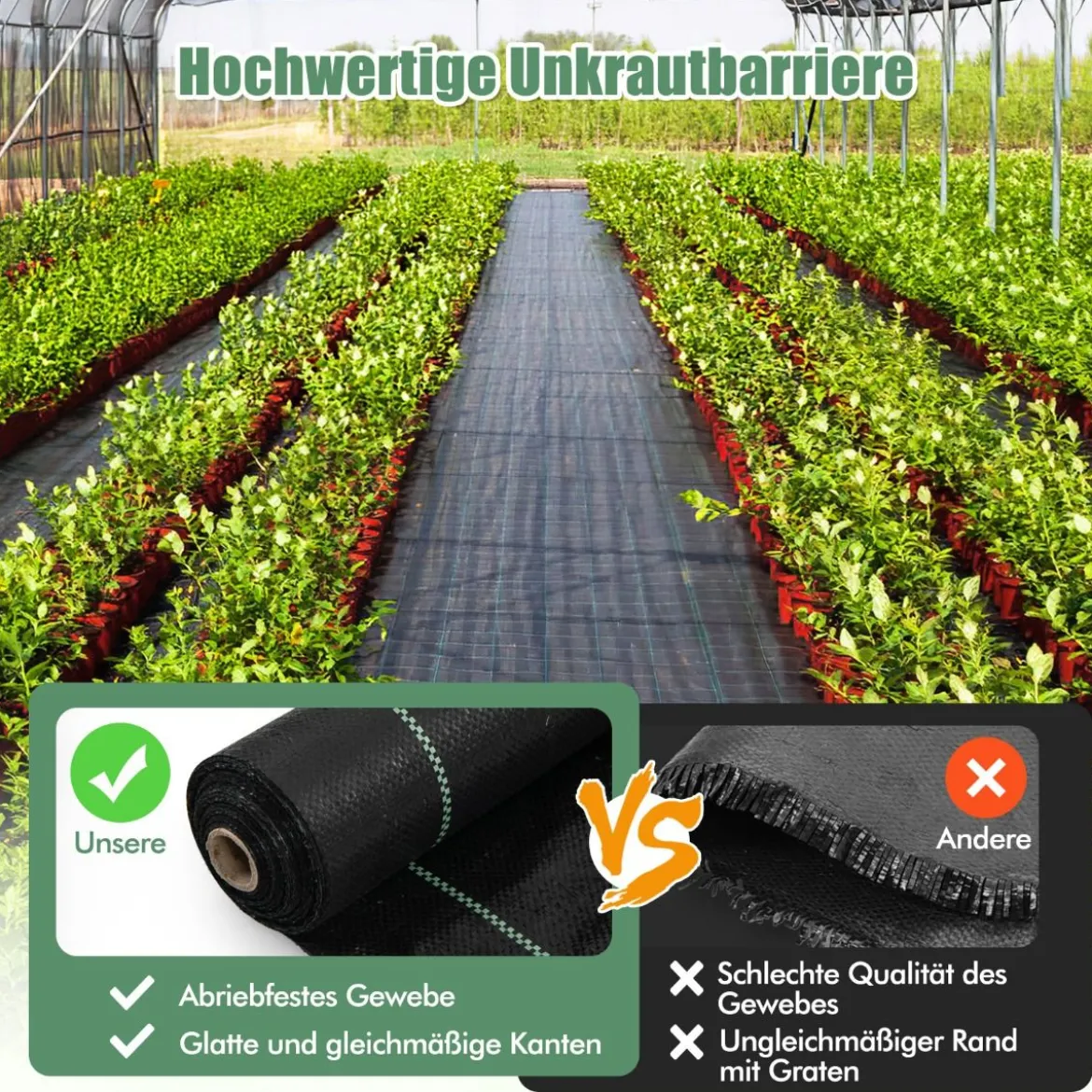 Unkrautvlies 50m² Gartenvlies gegen Unkraut Unkrautfolie PP Schwarz 50 x 1m-60 g/m²