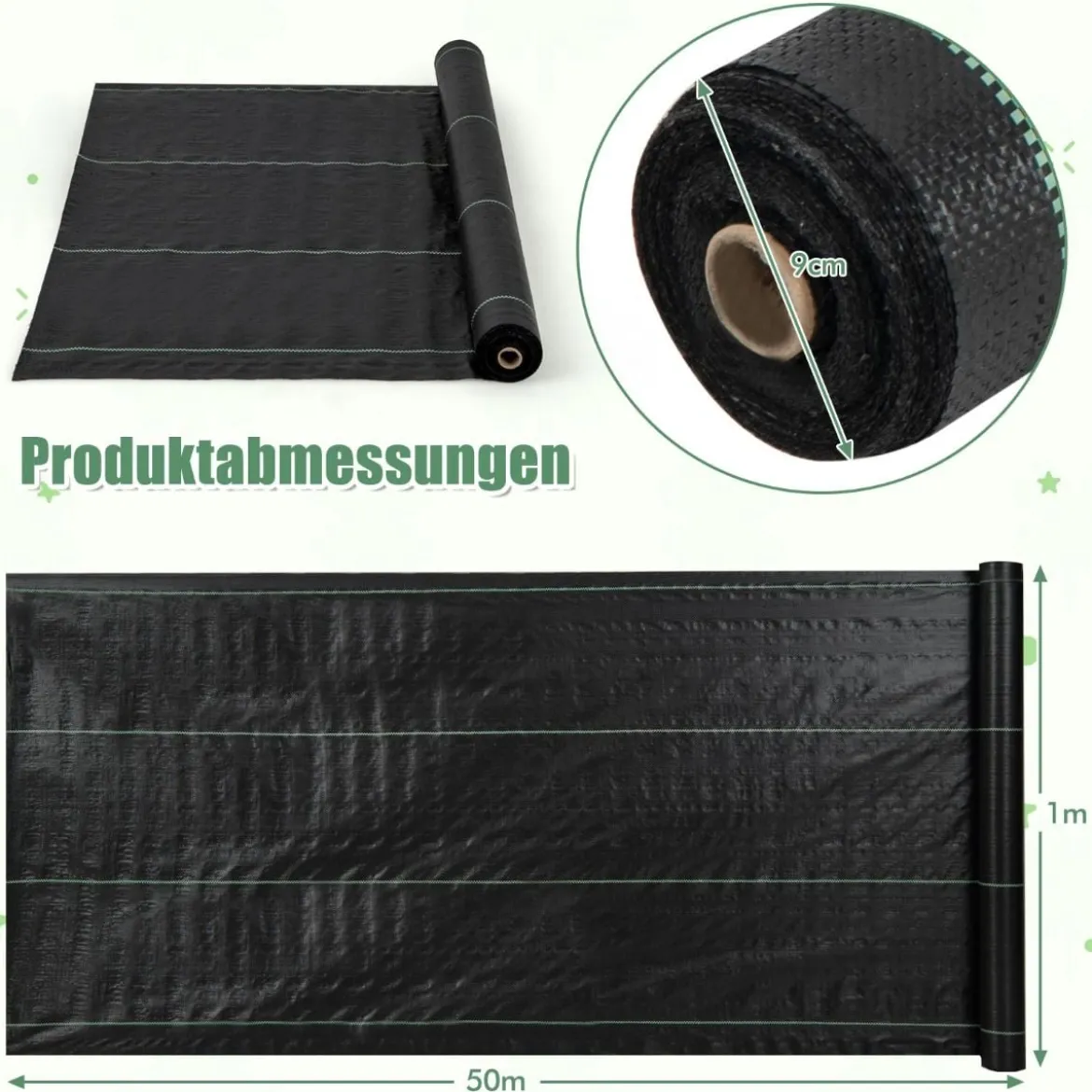 Unkrautvlies 50m² Gartenvlies gegen Unkraut Unkrautfolie PP Schwarz 50 x 1m-60 g/m²