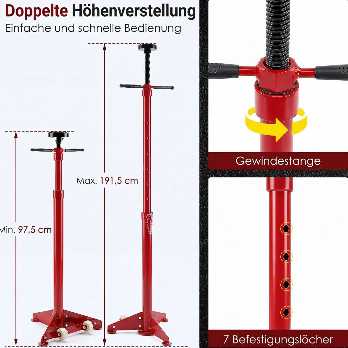 Unterhebe-Stützständer 750 kg Wagenheberständer Höhenverstellbar 97,5-191,5 cm Rot