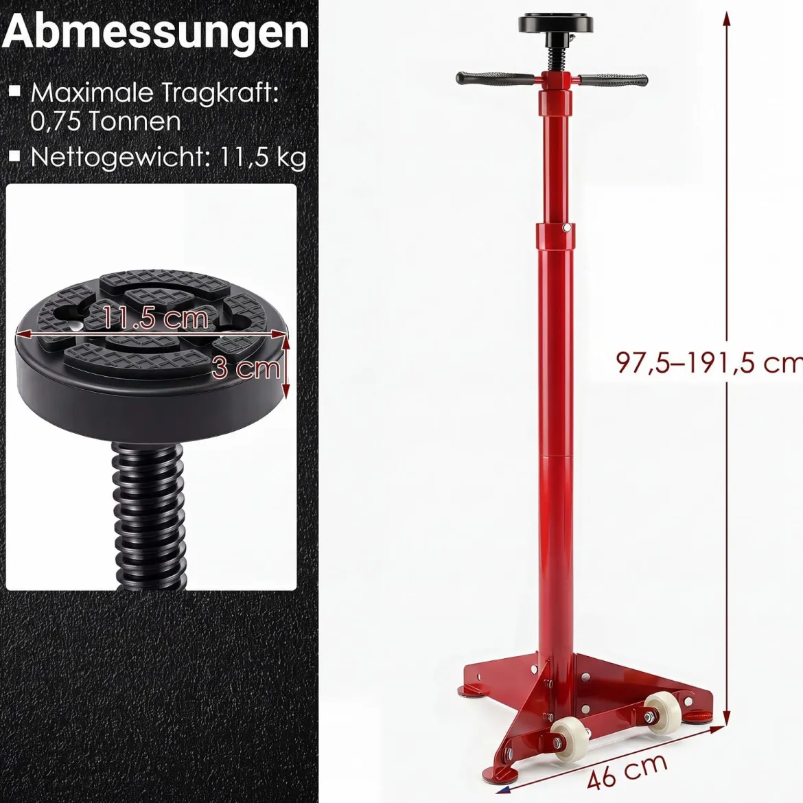Unterhebe-Stützständer 750 kg Wagenheberständer Höhenverstellbar 97,5-191,5 cm Rot
