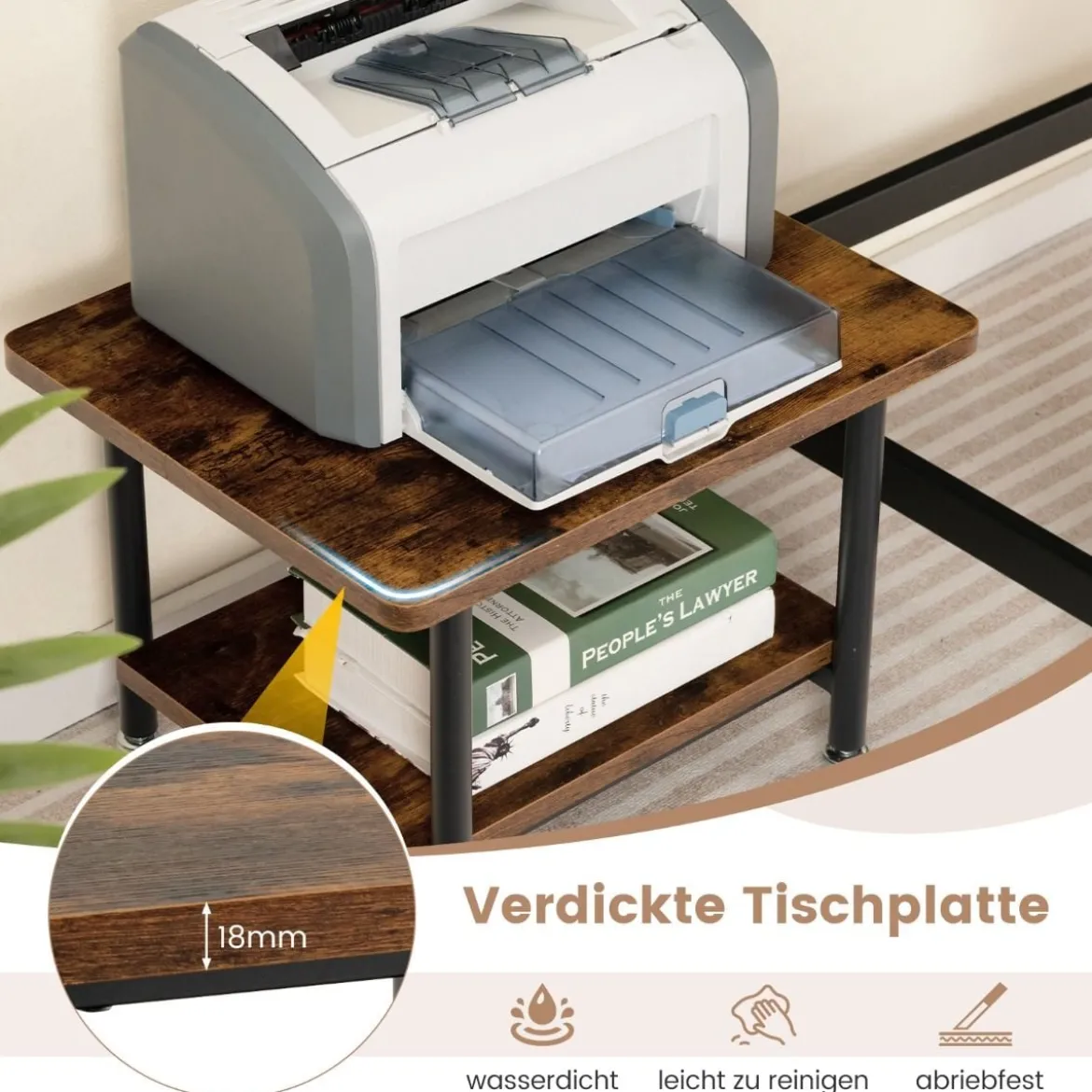 Untertisch-Druckerablage mit Transportrollen 2-stöckige Druckerablage 49 x 40 x 37 cm Braun