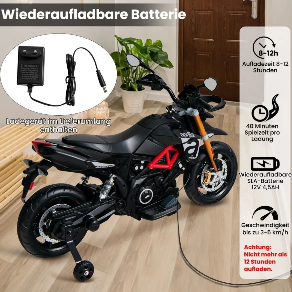 12V Aprilia Kinder Motorrad mit Stützrädern & Musik & Hupe & LED Scheinwerfer Grau