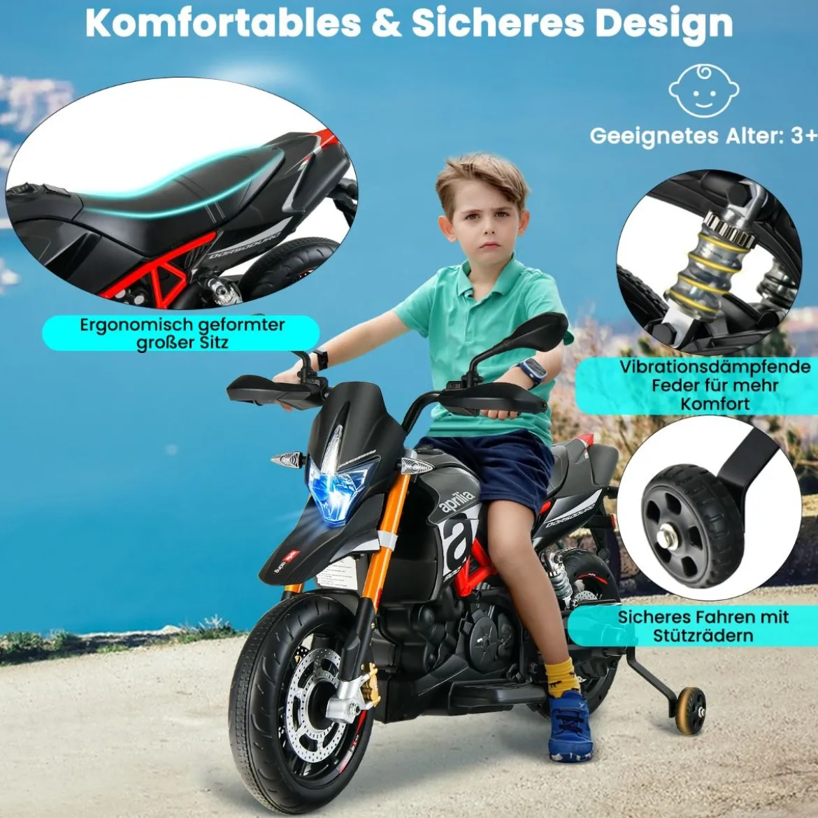 12V Aprilia Kinder Motorrad mit Stützrädern & Musik & Hupe & LED Scheinwerfer Grau