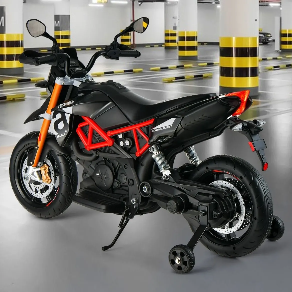 12V Aprilia Kinder Motorrad mit Stützrädern & Musik & Hupe & LED Scheinwerfer Grau