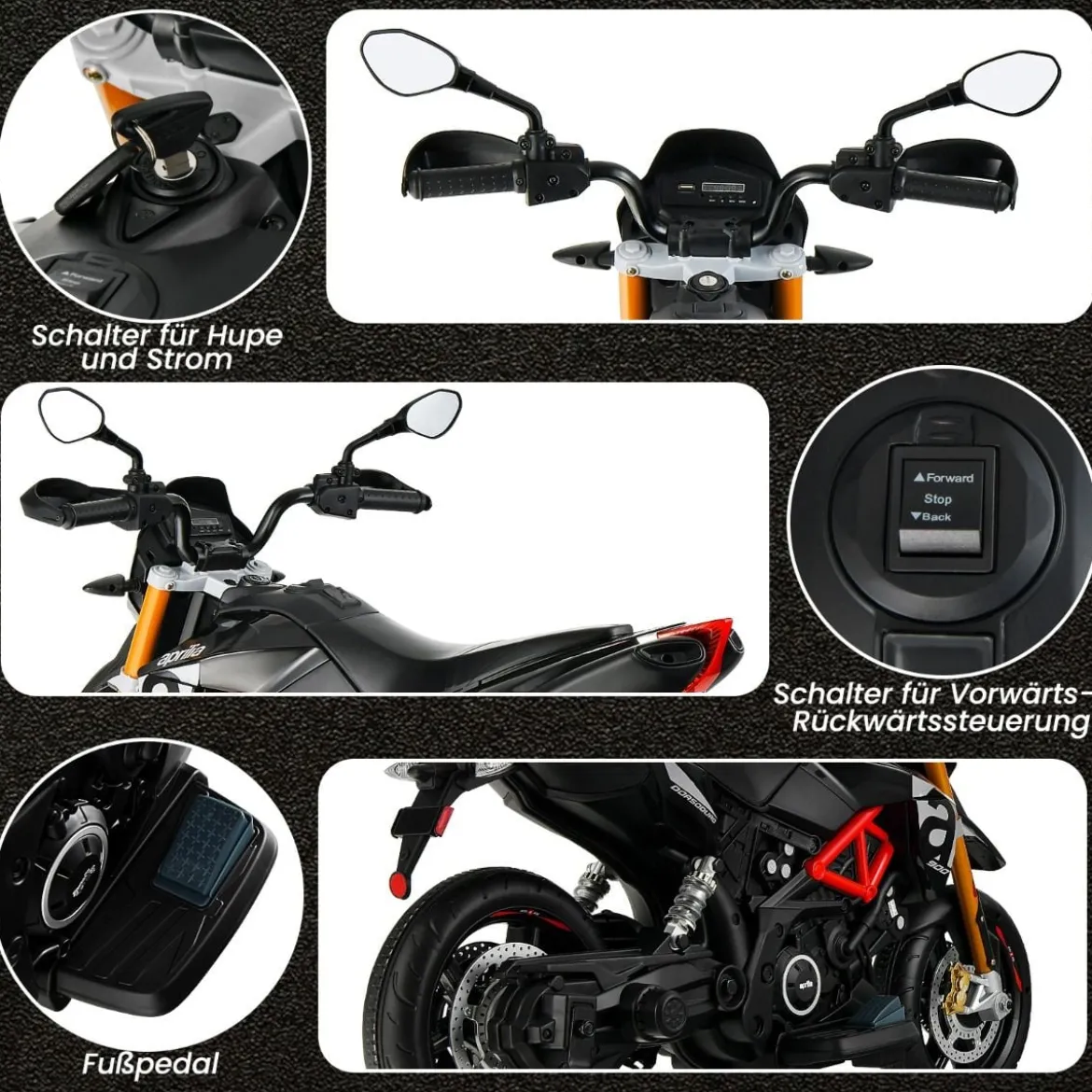 12V Aprilia Kinder Motorrad mit Stützrädern & Musik & Hupe & LED Scheinwerfer Grau