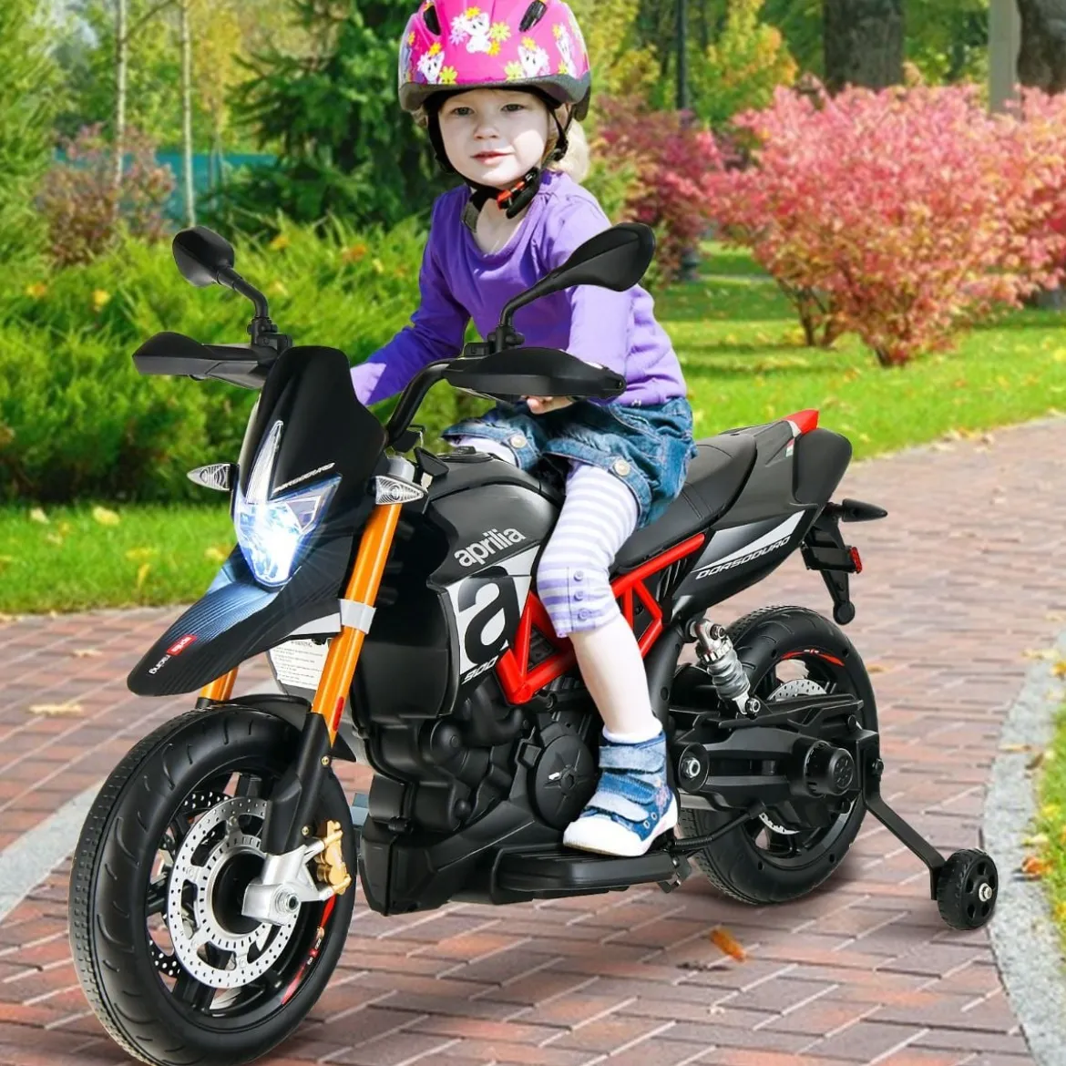 12V Aprilia Kinder Motorrad mit Stützrädern & Musik & Hupe & LED Scheinwerfer Grau