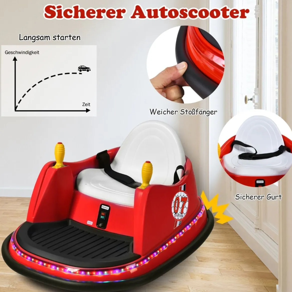 6V Aufsitz Autoscooter mit Bunten Lichtern & Fernbedienung & 360 Grad Rotation Bumper Car