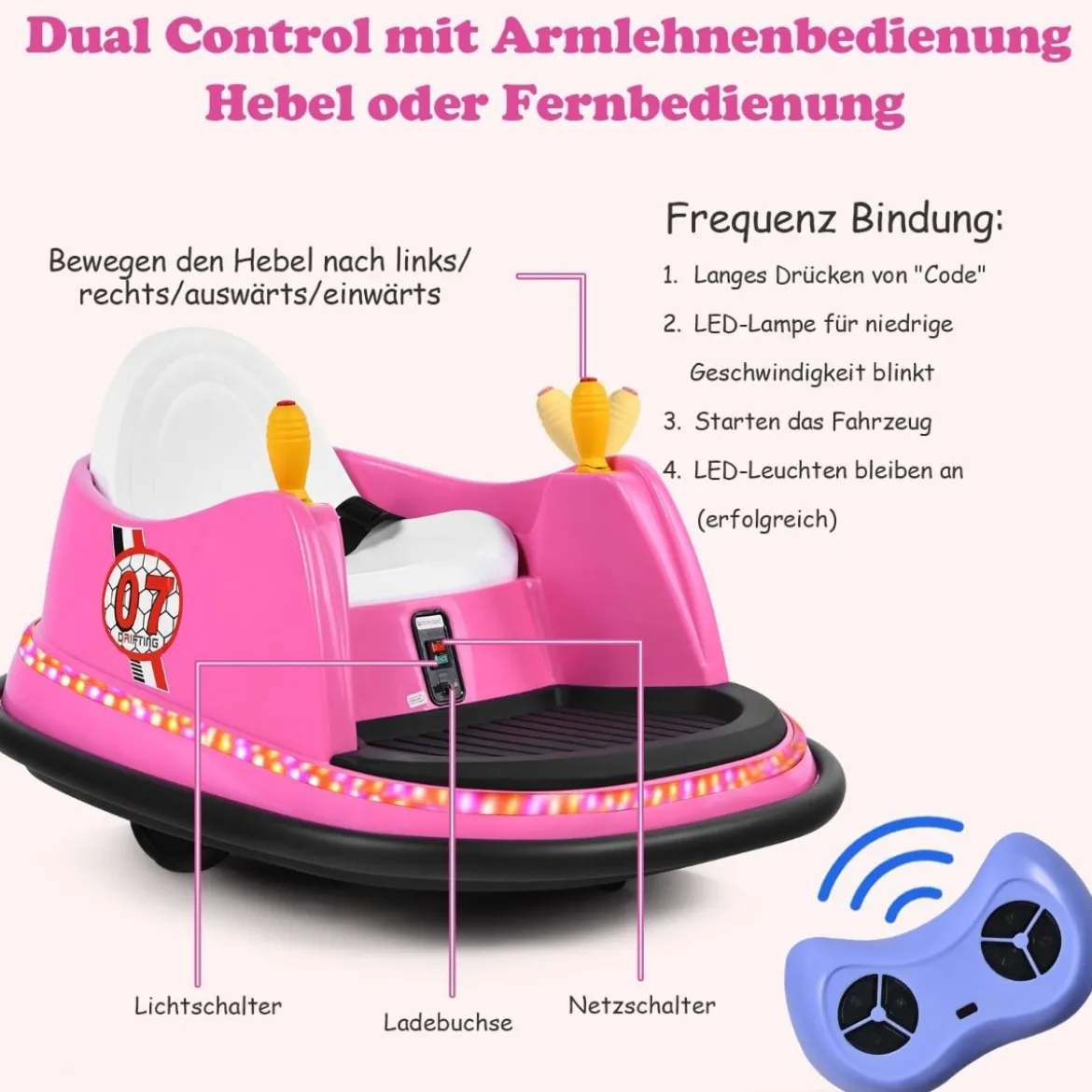 6V Aufsitz Autoscooter mit Bunten Lichtern & Fernbedienung & 360 Grad Rotation Bumper Car