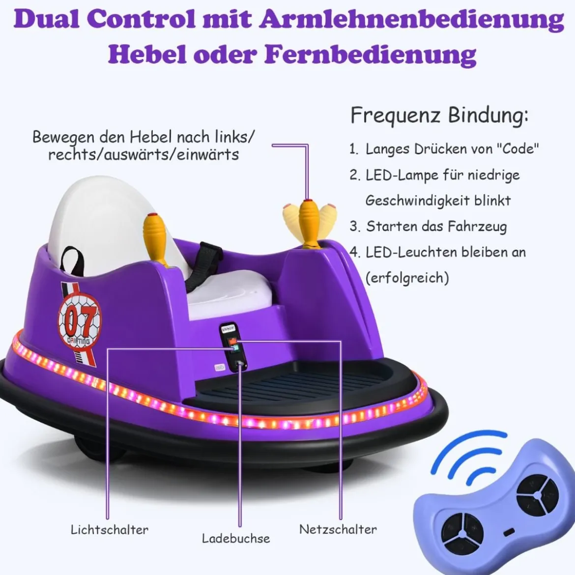 6V Aufsitz Autoscooter mit Bunten Lichtern & Fernbedienung & 360 Grad Rotation Bumper Car