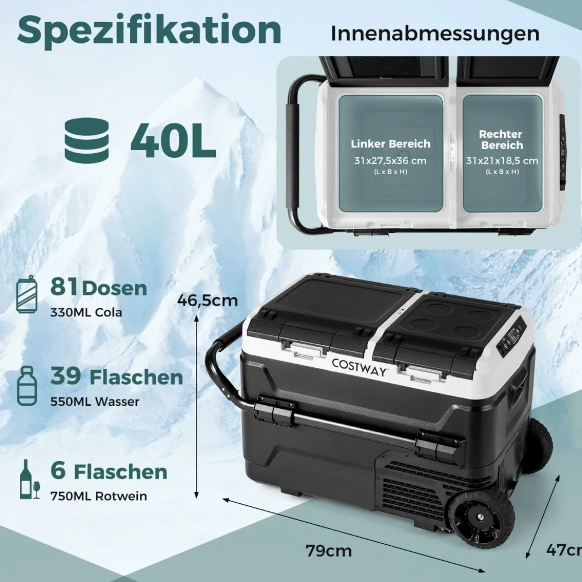 12V-Autokühlschrank mit 2 Kühlzonen 40L Tragbarer Gefrierschrank mit Kompressor (-20℃~20℃)