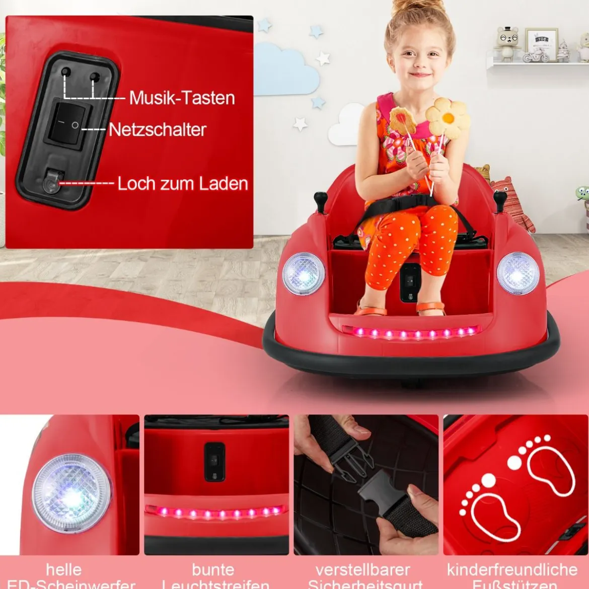 12V Autoscooter Kinder Elektro Bumper Car mit Fernsteuerung & LED-Lichtern & Musik Blau/Rosa/Rot
