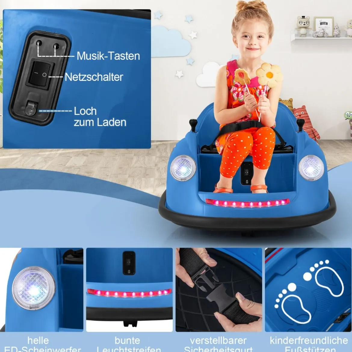 12V Autoscooter Kinder Elektro Bumper Car mit Fernsteuerung & LED-Lichtern & Musik Blau/Rosa/Rot