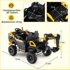 24V Elektrischer Kinder-Tretbagger mit 4WD & Fernsteuerung Baufahrzeug ab 3 Jahren Gelb