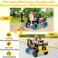 24V Elektrischer Kinder-Tretbagger mit 4WD & Fernsteuerung Baufahrzeug ab 3 Jahren Gelb