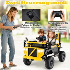 24V Elektrischer Kinder-Tretbagger mit 4WD & Fernsteuerung Baufahrzeug ab 3 Jahren Gelb