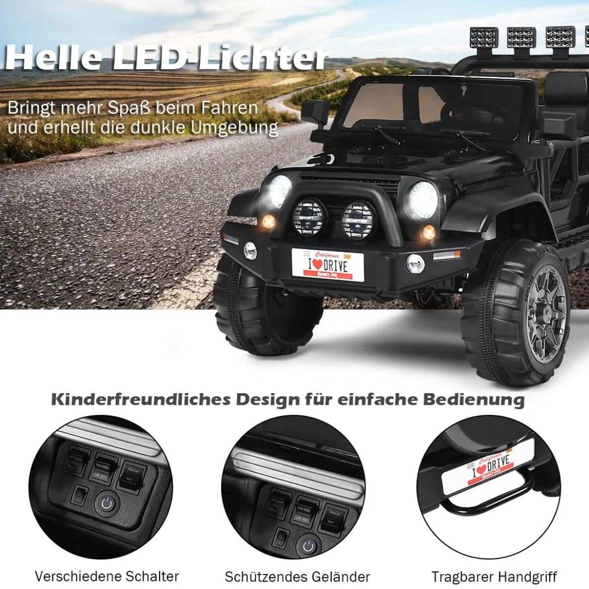 12V Elektroauto Batteriebetriebenes Elektrofahrzeug mit 2Sitzen 123 x 80 x 80 cm Schwarz