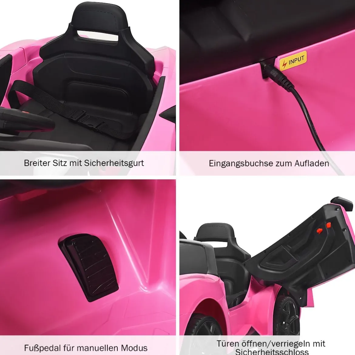 12V Elektro Kinderauto mit Stoßdämpferfeder Fernsteuerung & Musik & Sanftanlauf & Hupe & LED-Leuchten Rosa