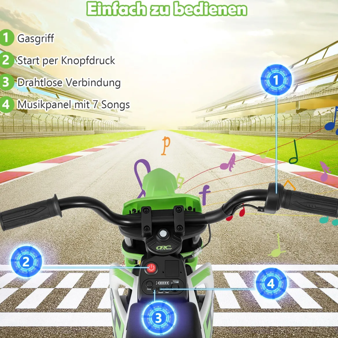 12V Elektro Kindermotorrad Elektromotorrad für Kinder mit abnehmbaren Stützrädern & Federung Elektro Motorrad Grün