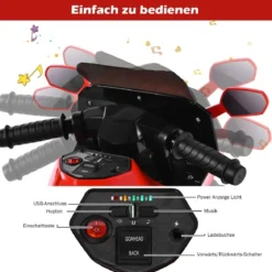 6V Elektro Kindermotorrad mit 2 Stützrädern & Scheinwerfer & USB & Hupe & Musik Rot