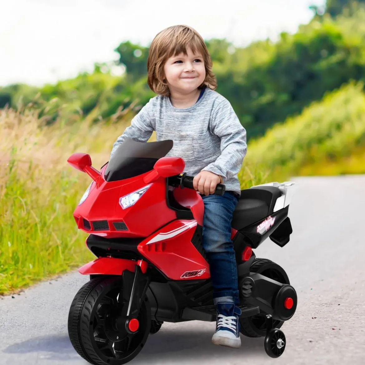 6V Elektro Kindermotorrad mit 2 Stützrädern & Scheinwerfer & USB & Hupe & Musik Rot