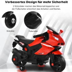 6V Elektro Kindermotorrad mit 2 Stützrädern & Scheinwerfer & USB & Hupe & Musik Rot