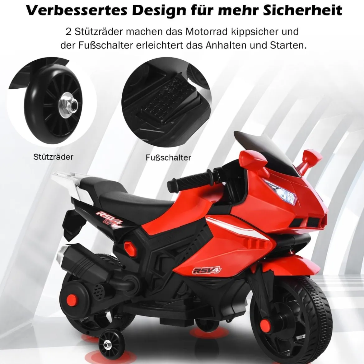 6V Elektro Kindermotorrad mit 2 Stützrädern & Scheinwerfer & USB & Hupe & Musik Rot
