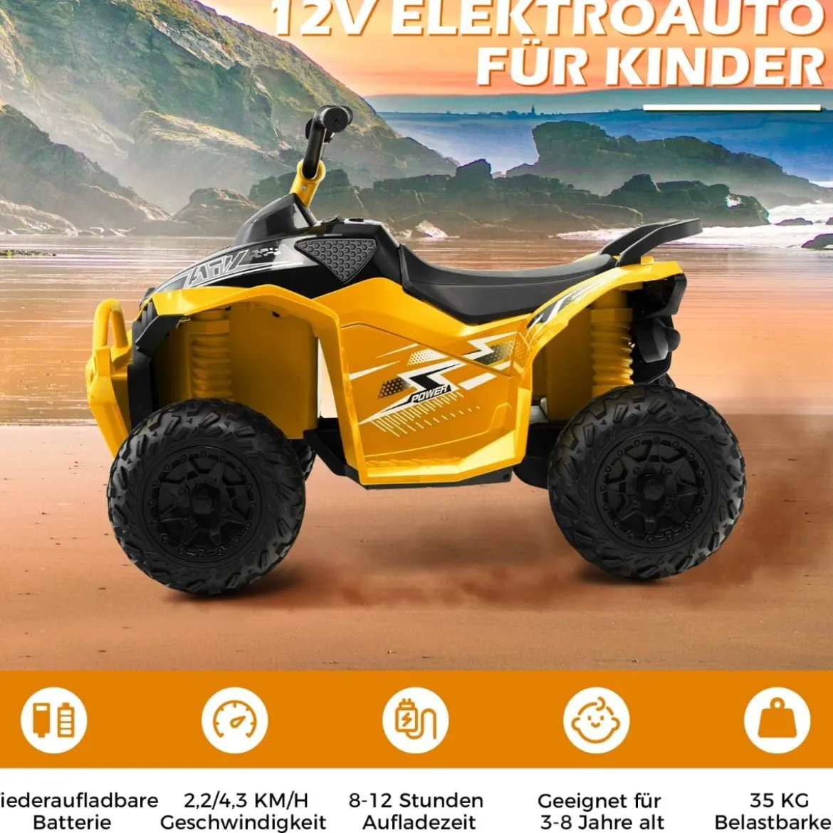 12V Elektro Kinderquad mit 3-5 KM/H Geschwindigkeit 4 Rutschfesten Rollen Hupe & LED-Leuchten Elektroquad