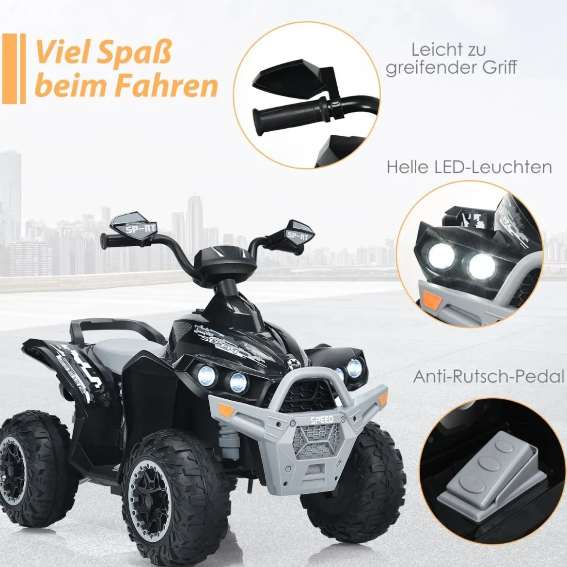 12V Elektro Kinderquad mit Musik Hupe und LED Scheinwerfer Elektroquad Schwarz