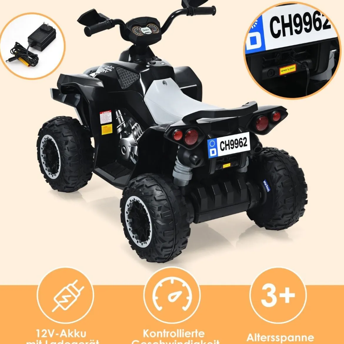 12V Elektro Kinderquad mit Musik Hupe und LED Scheinwerfer Elektroquad Schwarz