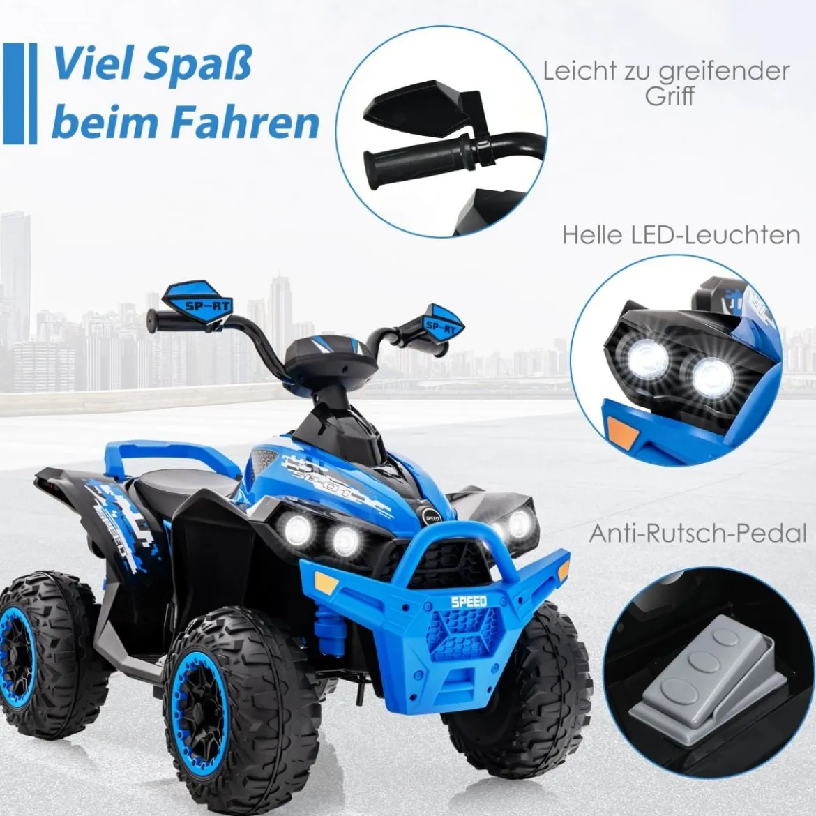 12V Elektro Kinderquad mit Musik Hupe und LED Scheinwerfer Elektroquad Blau