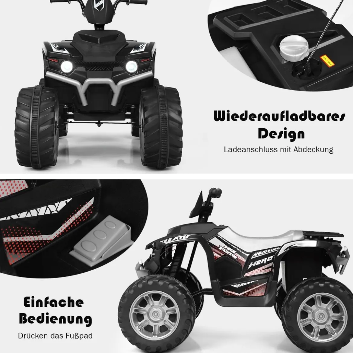 12V Elektro Kinderquad mit Scheinwerfer Mini Elektroquad mit Musik & Hupe 4 Räder Kinder Quad 2,8-5 km/h für Kinder ab 3 Jahren Schwarz