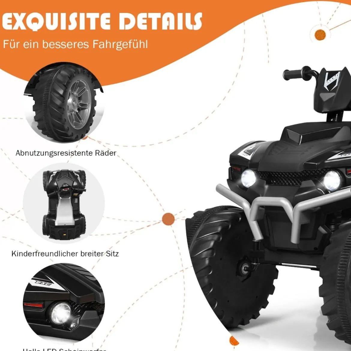 12V Elektro Kinderquad mit Scheinwerfer Mini Elektroquad mit Musik & Hupe 4 Räder Kinder Quad 2,8-5 km/h für Kinder ab 3 Jahren Schwarz