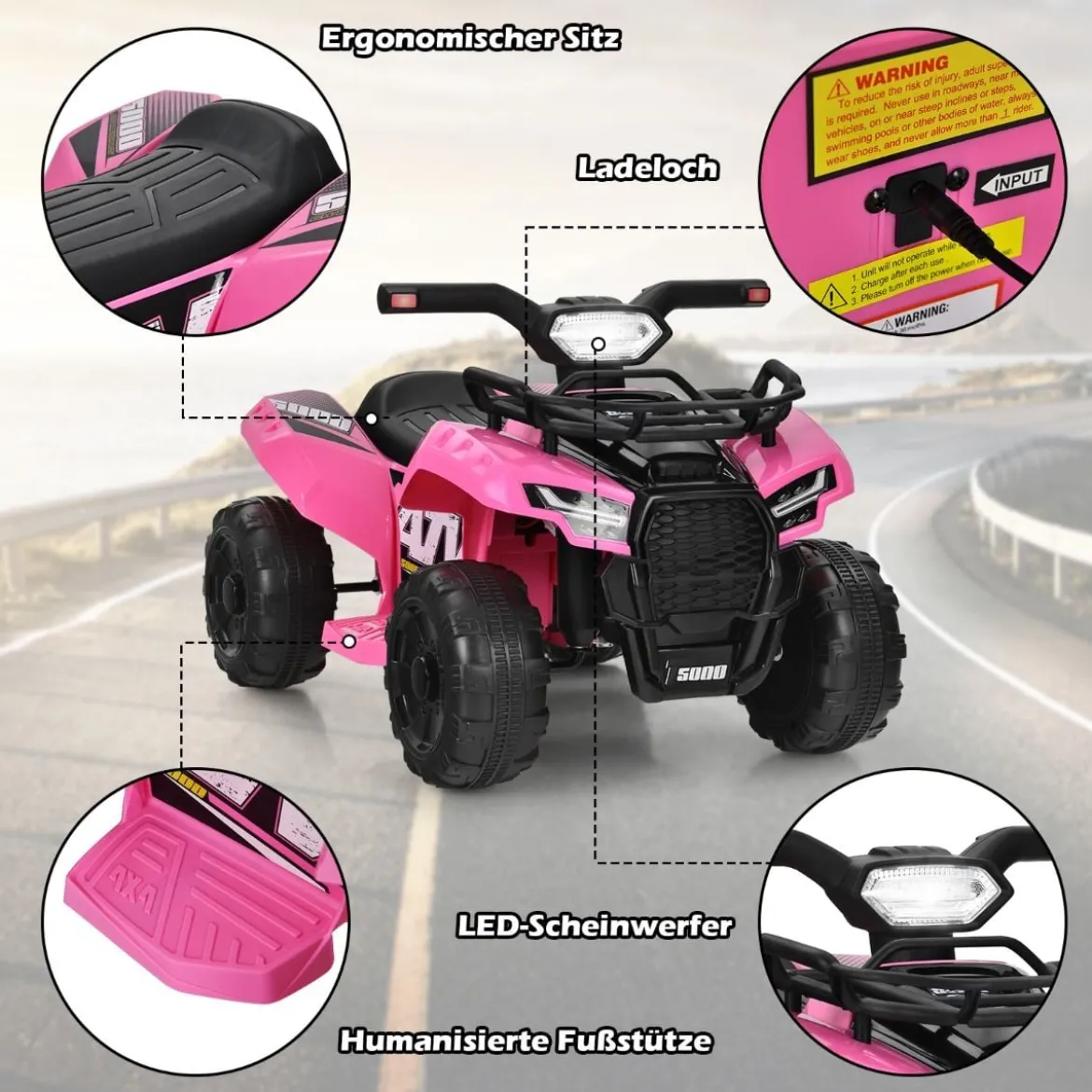 6V Elektro Kinderquad mit Stauraum & Musik & Hupe & LED Scheinwerfer Mini Elektroquad