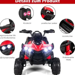 12V Elektro Kinderquad mit Stauraum & LED-Lichtern Mini Elektroquad 3-6 km/h Rot