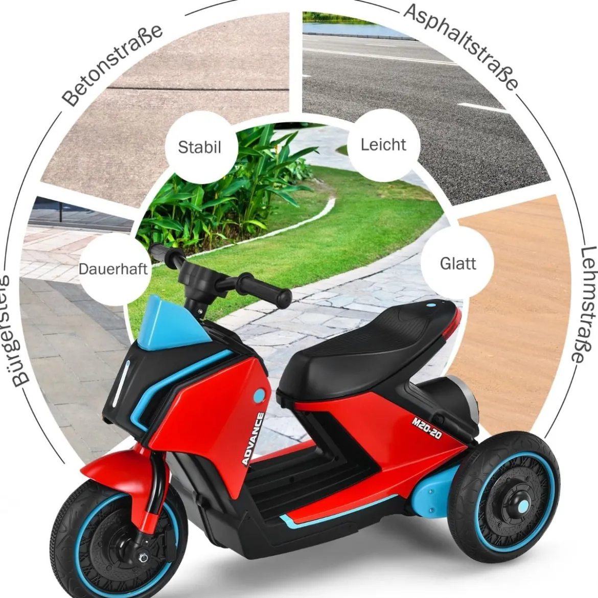 6V Elektro Motorrad Kindermotorrad mit Musik für Kinder 80,5 x 41 x 51,5 cm Rot + Schwarz + Blau