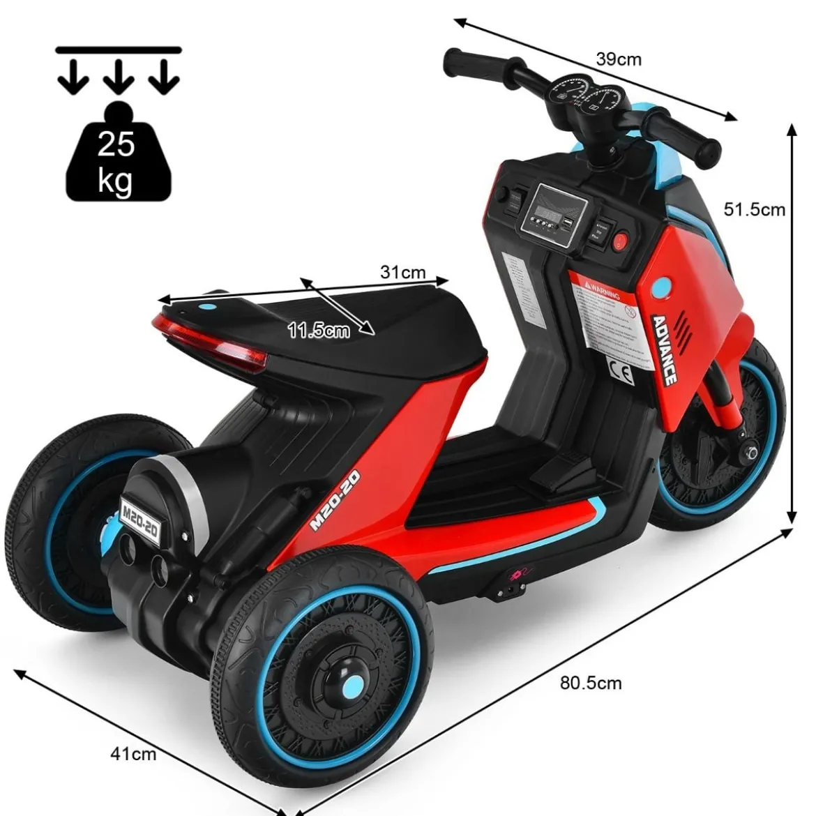 6V Elektro Motorrad Kindermotorrad mit Musik für Kinder 80,5 x 41 x 51,5 cm Rot + Schwarz + Blau