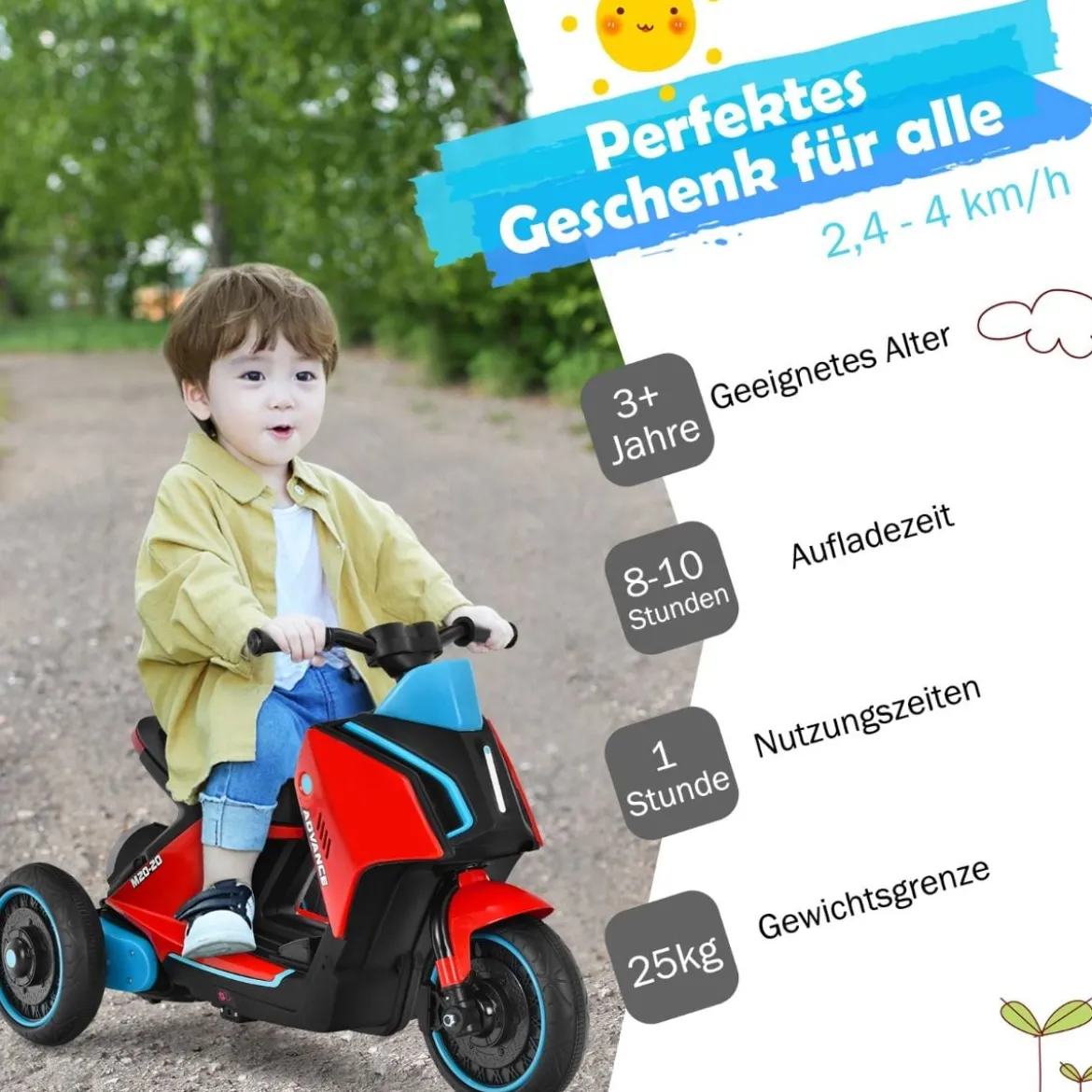 6V Elektro Motorrad Kindermotorrad mit Musik für Kinder 80,5 x 41 x 51,5 cm Rot + Schwarz + Blau