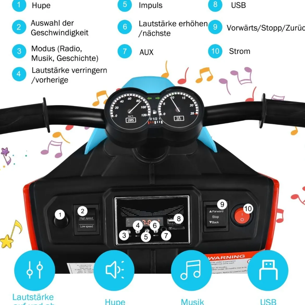 6V Elektro Motorrad Kindermotorrad mit Musik für Kinder 80,5 x 41 x 51,5 cm Rot + Schwarz + Blau