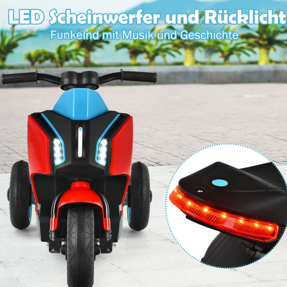 6V Elektro Motorrad Kindermotorrad mit Musik für Kinder 80,5 x 41 x 51,5 cm Rot + Schwarz + Blau