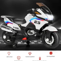 12V Elektro Motorrad Kindermotorrad mit Stützrädern Elektromotorrad Weiß