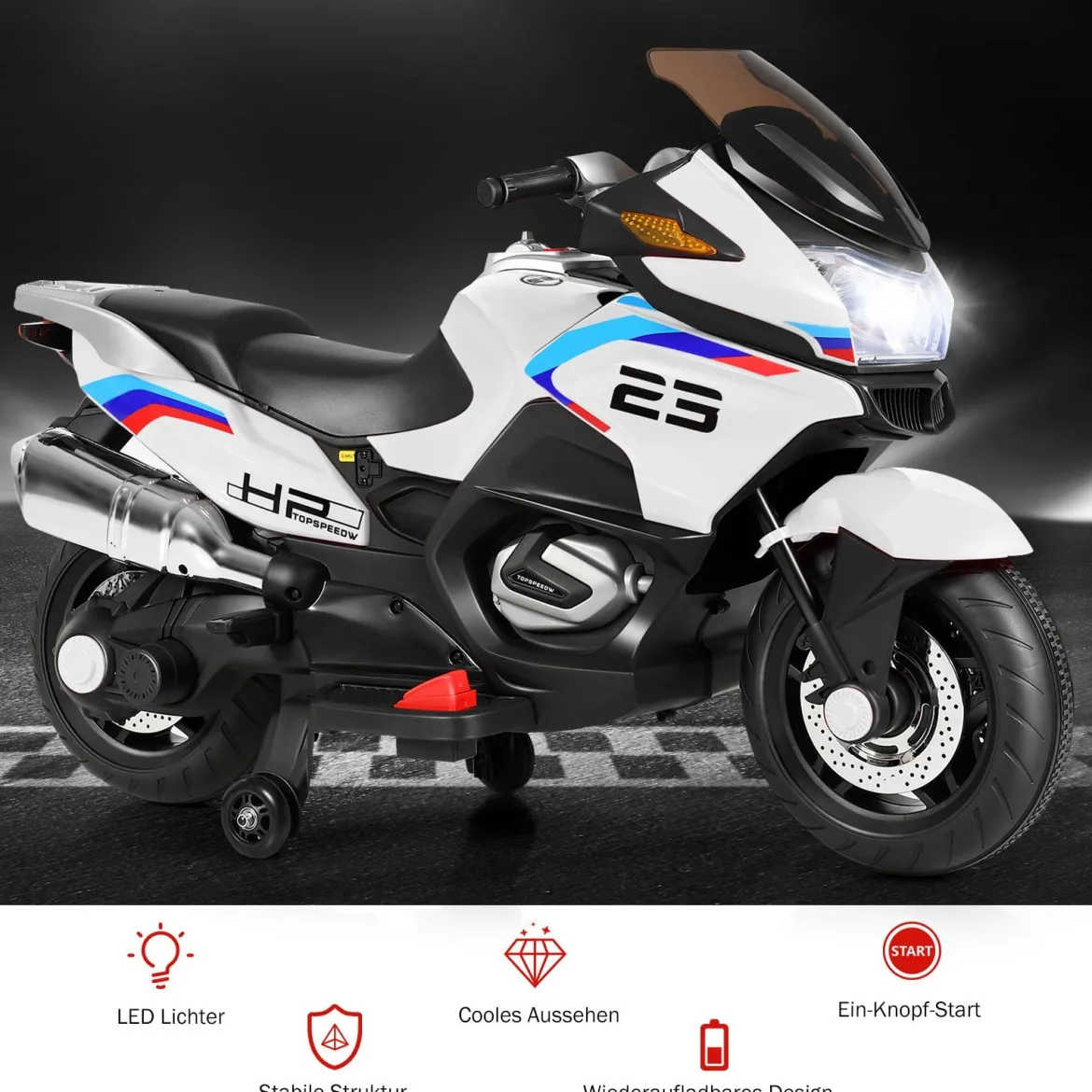 12V Elektro Motorrad Kindermotorrad mit Stützrädern Elektromotorrad Weiß