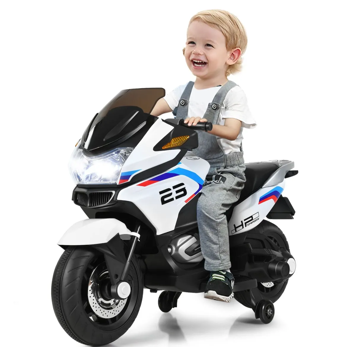 12V Elektro Motorrad Kindermotorrad mit Stützrädern Elektromotorrad Weiß
