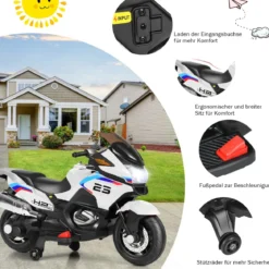 12V Elektro Motorrad Kindermotorrad mit Stützrädern Elektromotorrad Weiß
