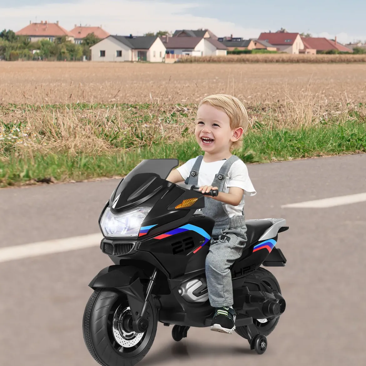 12V Elektro Motorrad Kindermotorrad mit Stützrädern Elektromotorrad Schwarz