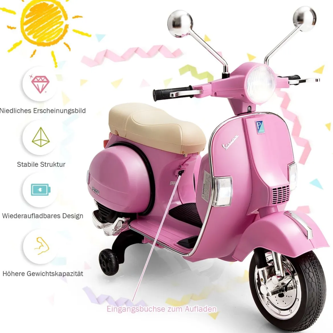 6V Elektro Motorrad mit 2 Stützrädern und Schlüssel & Lichter und Musik für Kinder ab 3 Jahren Rosa